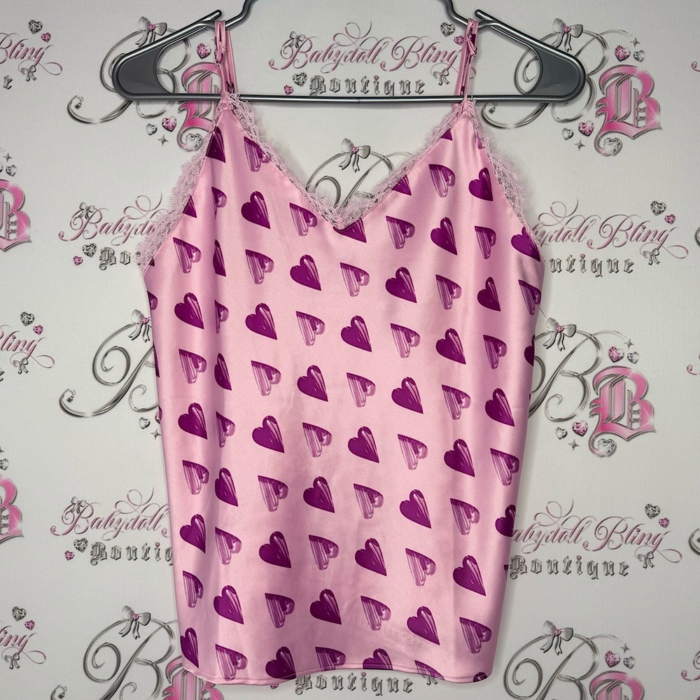Victoria secret camisole tank top open back lace hearts pink purple buttons cute